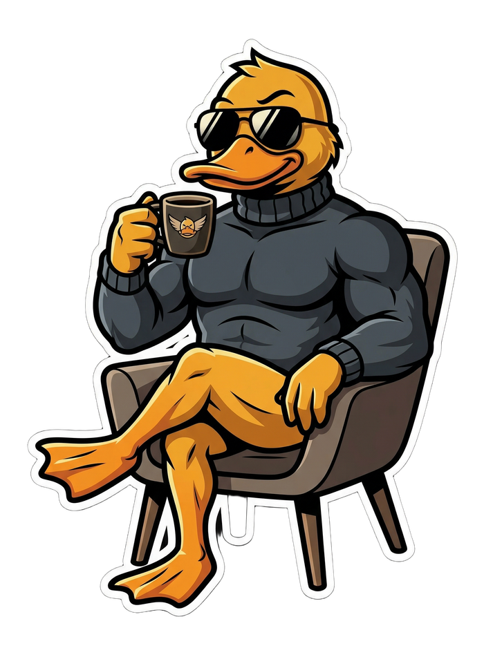 Duckt mascot sipping coffee